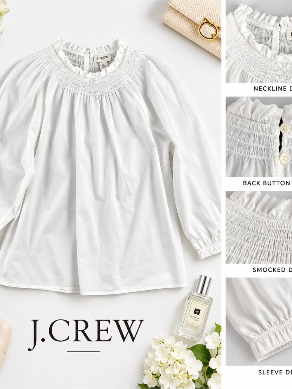 J.Crew Women’s White Smocked Ruffle Neck Blouse Long Sleeve Cotton Top M